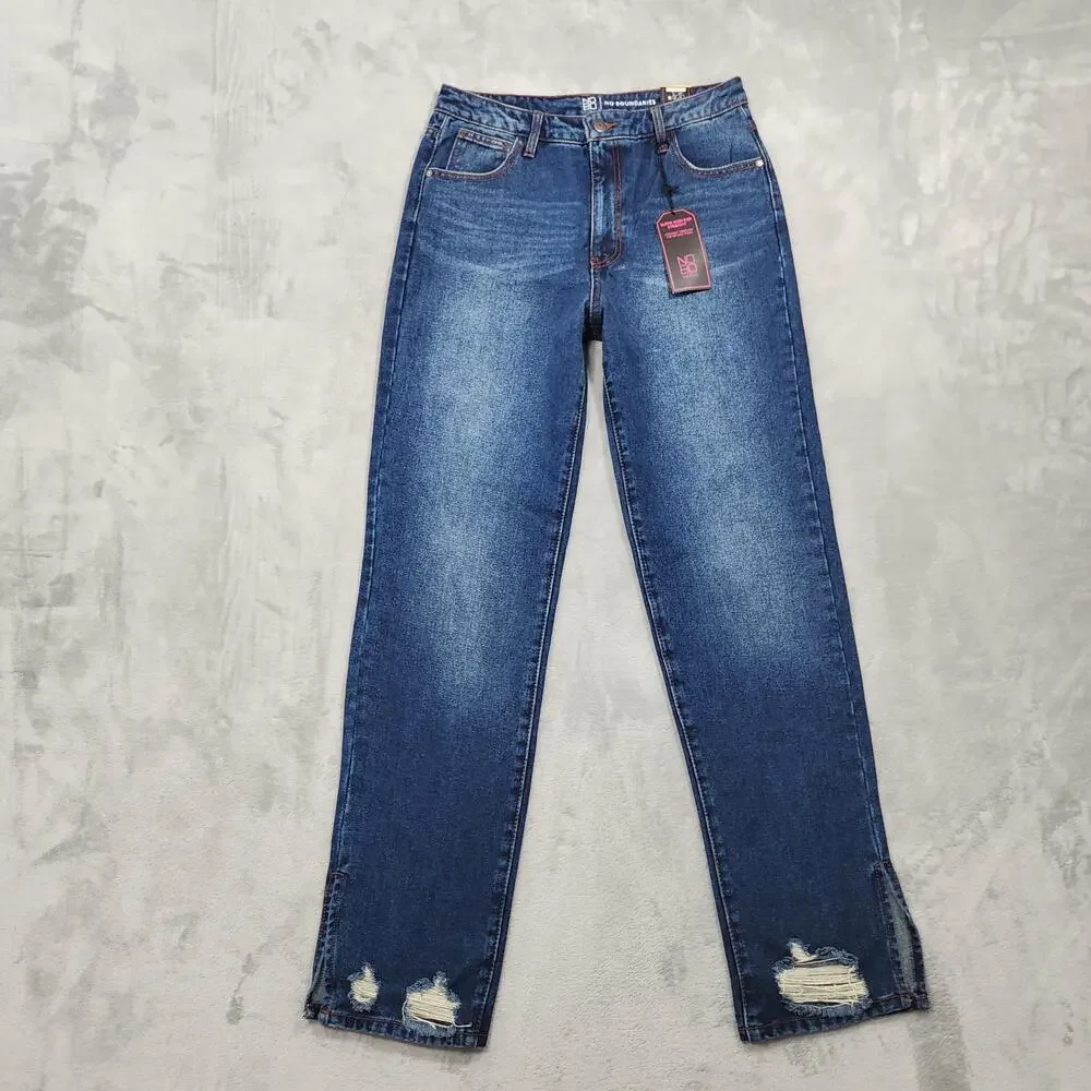 NEW No Boundaries Jeans Women 13 Juniors Blue Super High Rise Straight Split Hem